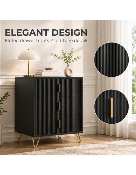 HOMCOM Modern 3-Drawer Dresser, Fluted Bedroom Dresser Chest of Drawers with Metal Legs and Steel Handles for Bedroom, Black - pic 205231 | FastDaddyshop