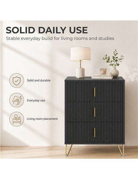 HOMCOM Modern 3-Drawer Dresser, Fluted Bedroom Dresser Chest of Drawers with Metal Legs and Steel Handles for Bedroom, Black - pic 205232 | FastDaddyshop