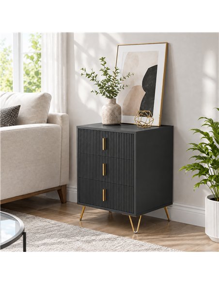 HOMCOM Modern 3-Drawer Dresser, Fluted Bedroom Dresser Chest of Drawers with Metal Legs and Steel Handles for Bedroom, Black - pic 205234 | FastDaddyshop