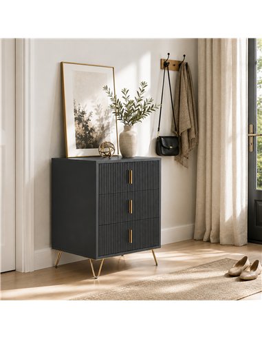 HOMCOM Modern 3-Drawer Dresser, Fluted Bedroom Dresser Chest of Drawers with Metal Legs and Steel Handles for Bedroom, Black