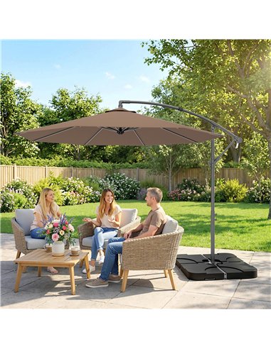 Outsunny 3m Overhanging Parasol, with Base, Weights and Cover - Coffee