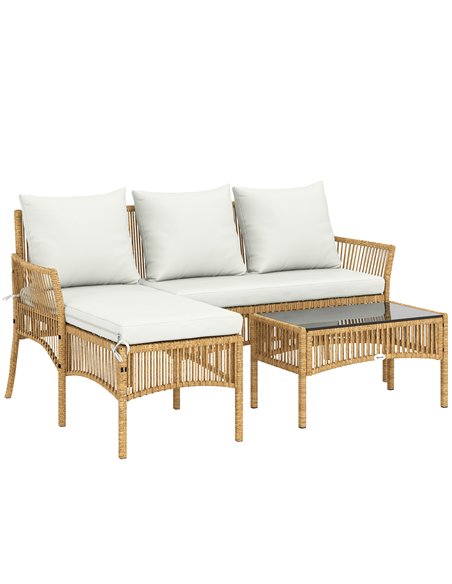 Outsunny 3 Piece Rattan Garden Furniture Corner Sofa Set with Chaise Lounge, Loveseat, Glass Coffee Table, Cushions, Natural Woo - pic 205254 | FastDaddyshop