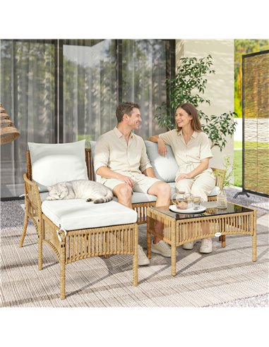 Outsunny 3 Piece Rattan Garden Furniture Corner Sofa Set with Chaise Lounge, Loveseat, Glass Coffee Table, Cushions, Natural Woo