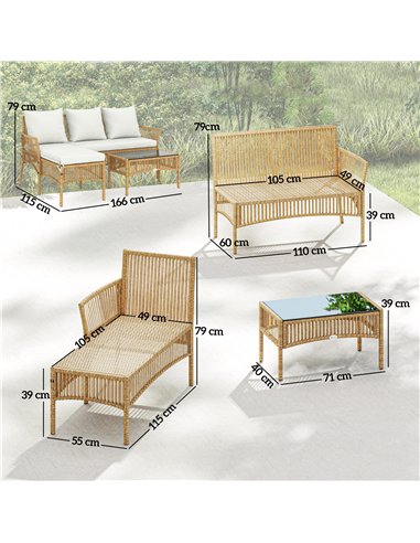 Outsunny 3 Piece Rattan Garden Furniture Corner Sofa Set with Chaise Lounge, Loveseat, Glass Coffee Table, Cushions, Natural Woo