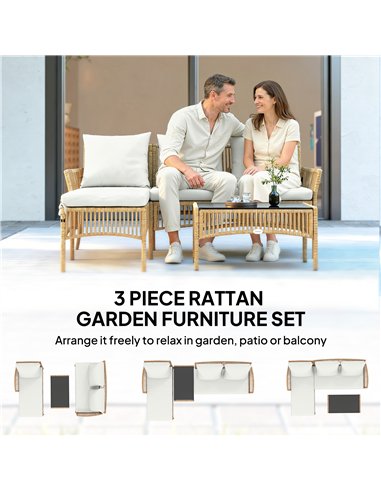 Outsunny 3 Piece Rattan Garden Furniture Corner Sofa Set with Chaise Lounge, Loveseat, Glass Coffee Table, Cushions, Natural Woo