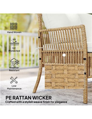Outsunny 3 Piece Rattan Garden Furniture Corner Sofa Set with Chaise Lounge, Loveseat, Glass Coffee Table, Cushions, Natural Woo
