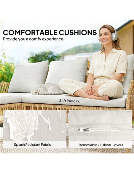 Outsunny 3 Piece Rattan Garden Furniture Corner Sofa Set with Chaise Lounge, Loveseat, Glass Coffee Table, Cushions, Natural Woo - pic 205259 | FastDaddyshop