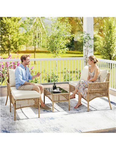 Outsunny 3 Piece Rattan Garden Furniture Corner Sofa Set with Chaise Lounge, Loveseat, Glass Coffee Table, Cushions, Natural Woo