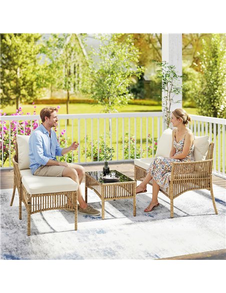 Outsunny 3 Piece Rattan Garden Furniture Corner Sofa Set with Chaise Lounge, Loveseat, Glass Coffee Table, Cushions, Natural Woo - pic 205261 | FastDaddyshop