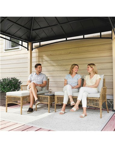 Outsunny 3 Piece Rattan Garden Furniture Corner Sofa Set with Chaise Lounge, Loveseat, Glass Coffee Table, Cushions, Natural Woo