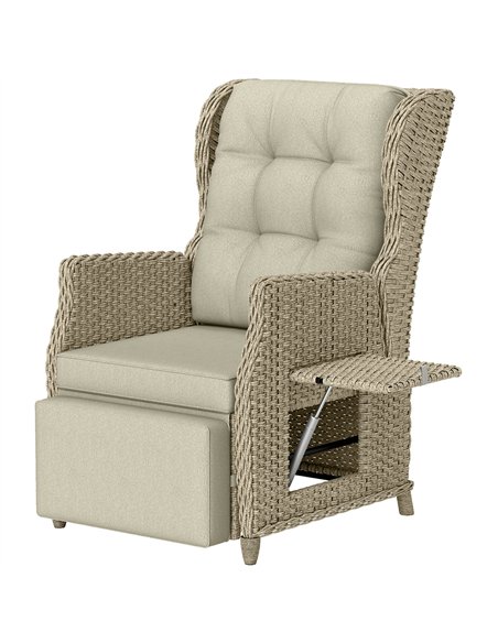 Outsunny Rattan Garden Recliner Chair, Reclining Garden Chair with Adjustable Back and Footrest, Flip Table, Cushion, Brown - pic 205263 | FastDaddyshop