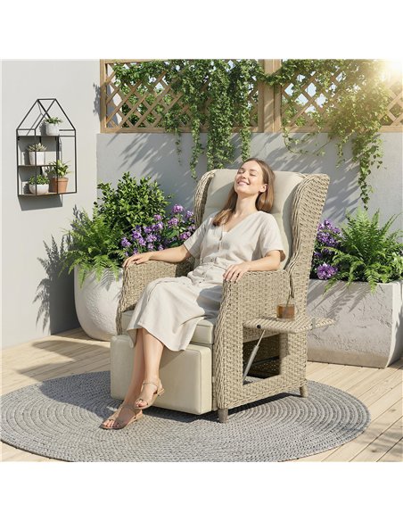 Outsunny Rattan Garden Recliner Chair, Reclining Garden Chair with Adjustable Back and Footrest, Flip Table, Cushion, Brown - pic 205264 | FastDaddyshop
