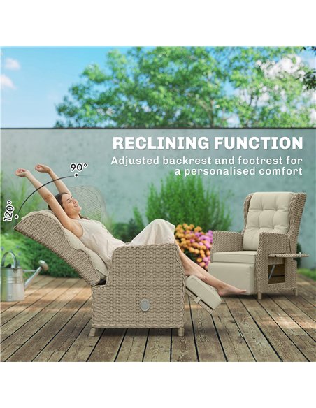 Outsunny Rattan Garden Recliner Chair, Reclining Garden Chair with Adjustable Back and Footrest, Flip Table, Cushion, Brown - pic 205266 | FastDaddyshop