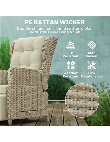 Outsunny Rattan Garden Recliner Chair, Reclining Garden Chair with Adjustable Back and Footrest, Flip Table, Cushion, Brown