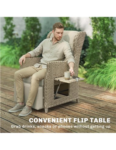 Outsunny Rattan Garden Recliner Chair, Reclining Garden Chair with Adjustable Back and Footrest, Flip Table, Cushion, Brown