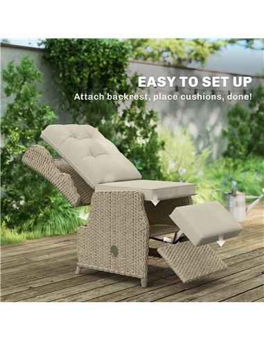 Outsunny Rattan Garden Recliner Chair, Reclining Garden Chair with Adjustable Back and Footrest, Flip Table, Cushion, Brown