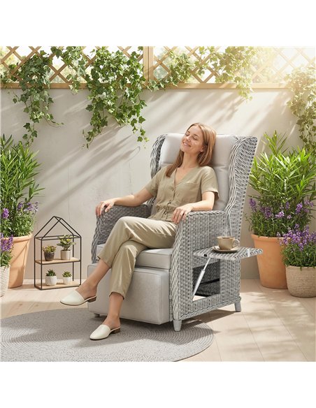 Outsunny Rattan Garden Recliner Chair, Reclining Garden Chair with Adjustable Back and Footrest, Flip Table, Cushion, Light Grey - pic 205273 | FastDaddyshop