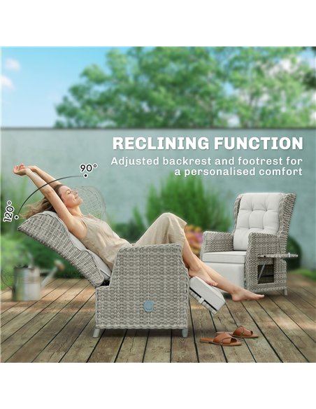Outsunny Rattan Garden Recliner Chair, Reclining Garden Chair with Adjustable Back and Footrest, Flip Table, Cushion, Light Grey - pic 205275 | FastDaddyshop