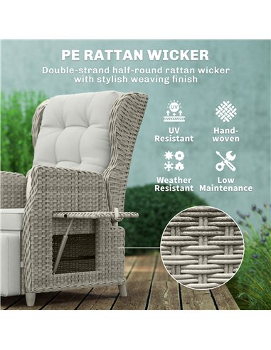 Outsunny Rattan Garden Recliner Chair, Reclining Garden Chair with Adjustable Back and Footrest, Flip Table, Cushion, Light Grey