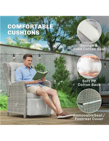 Outsunny Rattan Garden Recliner Chair, Reclining Garden Chair with Adjustable Back and Footrest, Flip Table, Cushion, Light Grey