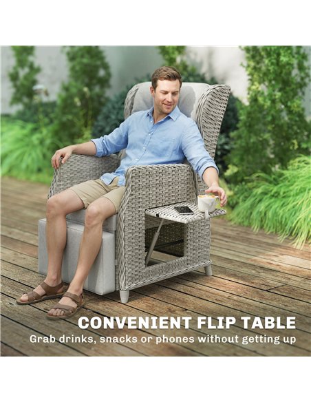 Outsunny Rattan Garden Recliner Chair, Reclining Garden Chair with Adjustable Back and Footrest, Flip Table, Cushion, Light Grey - pic 205279 | FastDaddyshop