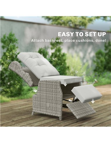 Outsunny Rattan Garden Recliner Chair, Reclining Garden Chair with Adjustable Back and Footrest, Flip Table, Cushion, Light Grey