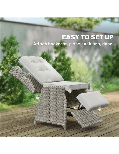 Outsunny Rattan Garden Recliner Chair, Reclining Garden Chair with Adjustable Back and Footrest, Flip Table, Cushion, Light Grey - pic 205280 | FastDaddyshop