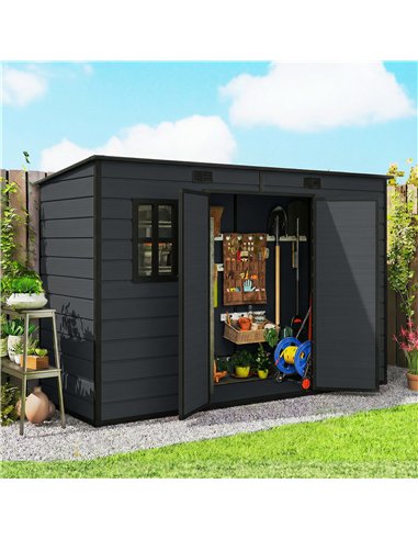 Outsunny 10 x 4 ft Resin Garden Shed, Outdoor Storage Shed with Floor, Windows, Lockable Doors and Vents, Dark Grey