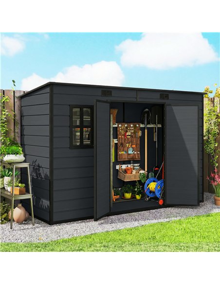 Outsunny 10 x 4 ft Resin Garden Shed, Outdoor Storage Shed with Floor, Windows, Lockable Doors and Vents, Dark Grey - pic 205309 | FastDaddyshop