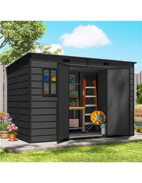 Outsunny 10 x 6 ft Resin Garden Shed, Outdoor Storage Shed with Floor, Windows, Lockable Doors and Vents, Dark Grey - pic 205318 | FastDaddyshop