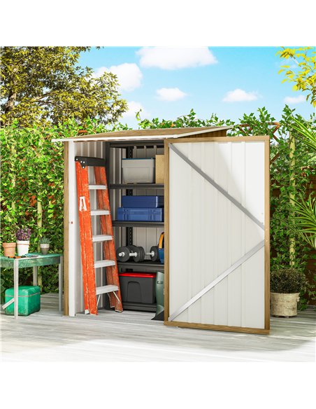 Outsunny 3.3 x 3.4ft Lean To Steel Garden Shed with Locking Door - Light Brown Wood Effect/White - pic 205327 | FastDaddyshop