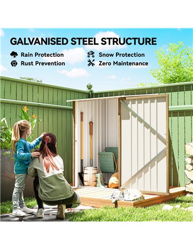 Outsunny 3.3 x 3.4ft Lean To Steel Garden Shed with Locking Door - Light Brown Wood Effect/White