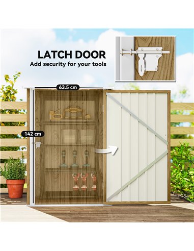 Outsunny 3.3 x 3.4ft Lean To Steel Garden Shed with Locking Door - Light Brown Wood Effect/White