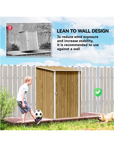 Outsunny 3.3 x 3.4ft Lean To Steel Garden Shed with Locking Door - Light Brown Wood Effect/White