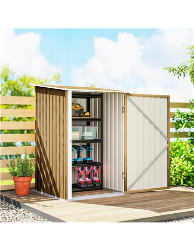 Outsunny 3.3 x 3.4ft Lean To Steel Garden Shed with Locking Door - Light Brown Wood Effect/White