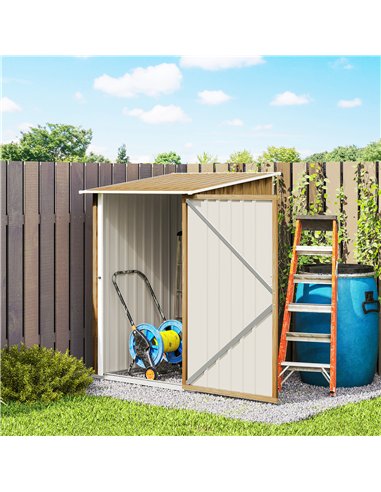 Outsunny 3.3 x 3.4ft Lean To Steel Garden Shed with Locking Door - Light Brown Wood Effect/White