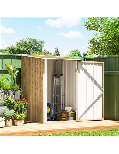 Outsunny 3.3 x 3.4ft Lean To Steel Garden Shed with Locking Door - Light Brown Wood Effect/White