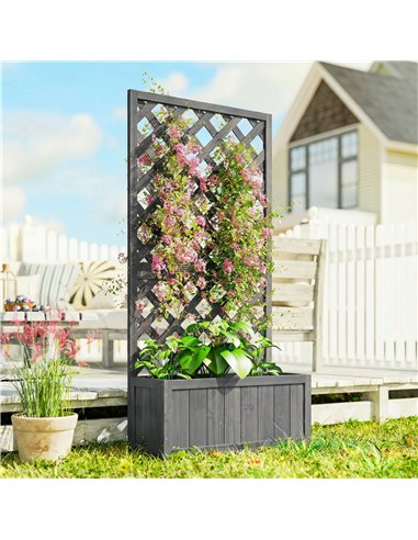 Outsunny Wood Planter with Trellis for Climbing Plants, Raised Bed, Planter Box with Drainage Holes to Grow Herbs Flowers, Grey