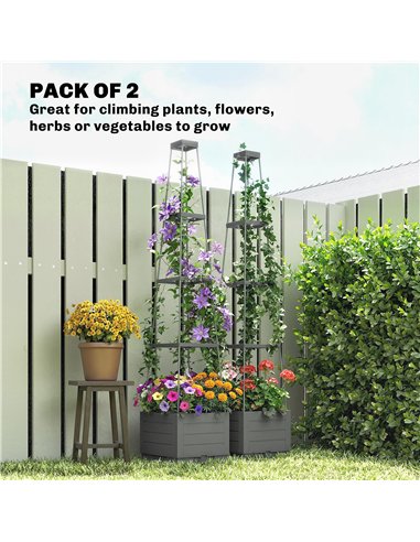 Outsunny 2 Pack Raised Garden Bed with Trellis, Plastic Outdoor Planter Box with Removable Drainage Tray