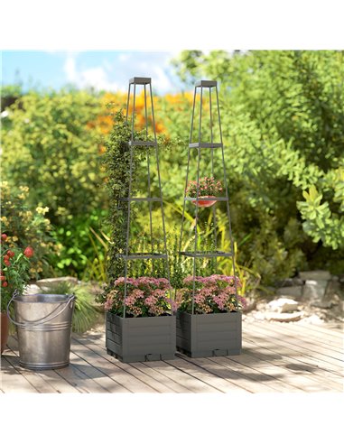 Outsunny 2 Pack Raised Garden Bed with Trellis, Plastic Outdoor Planter Box with Removable Drainage Tray