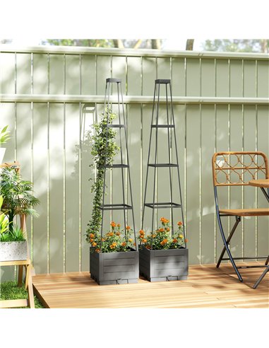 Outsunny 2 Pack Raised Garden Bed with Trellis, Plastic Outdoor Planter Box with Removable Drainage Tray