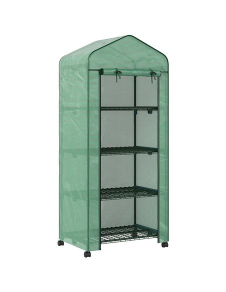 Outsunny 4 Tier Mini Portable Greenhouse Compact Plant Grow Shed Metal Frame PE Cover with Lockable Rolling Wheels , Green - pic 205398 | FastDaddyshop