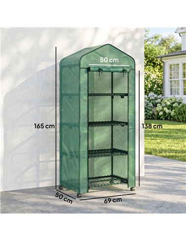 Outsunny 4 Tier Mini Portable Greenhouse Compact Plant Grow Shed Metal Frame PE Cover with Lockable Rolling Wheels , Green