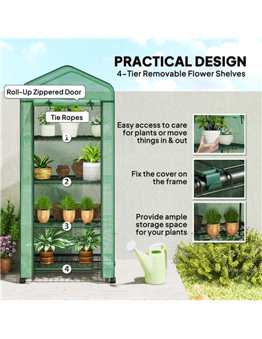 Outsunny 4 Tier Mini Portable Greenhouse Compact Plant Grow Shed Metal Frame PE Cover with Lockable Rolling Wheels , Green