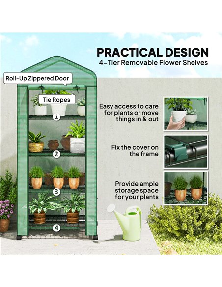 Outsunny 4 Tier Mini Portable Greenhouse Compact Plant Grow Shed Metal Frame PE Cover with Lockable Rolling Wheels , Green - pic 205403 | FastDaddyshop