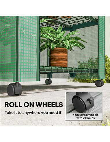 Outsunny 4 Tier Mini Portable Greenhouse Compact Plant Grow Shed Metal Frame PE Cover with Lockable Rolling Wheels , Green