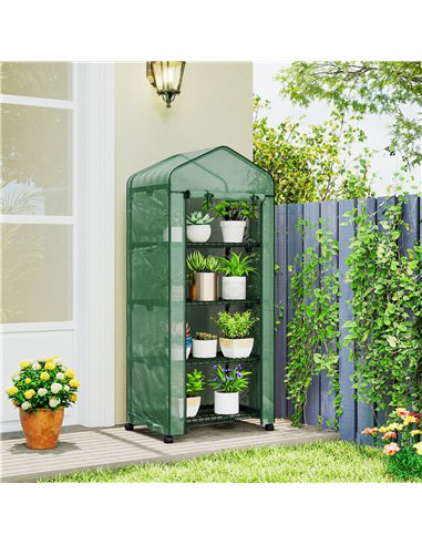 Outsunny 4 Tier Mini Portable Greenhouse Compact Plant Grow Shed Metal Frame PE Cover with Lockable Rolling Wheels , Green