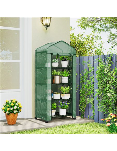 Outsunny 4 Tier Mini Portable Greenhouse Compact Plant Grow Shed Metal Frame PE Cover with Lockable Rolling Wheels , Green - pic 205405 | FastDaddyshop