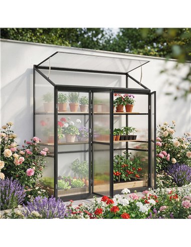 Outsunny 6 x 1.5ft Polycarbonate Greenhouse, Quick Setup, Lean-to Green House with 3 Hinged Doors, Top Vent, Black