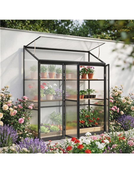 Outsunny 6 x 1.5ft Polycarbonate Greenhouse, Quick Setup, Lean-to Green House with 3 Hinged Doors, Top Vent, Black - pic 205444 | FastDaddyshop